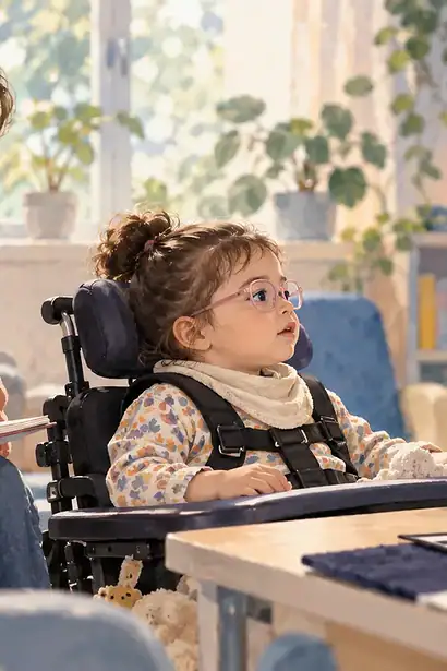 Child with low vision taking part in an accessible vision assessment while a caregiver observes
