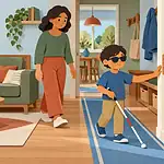 Blind child using a white cane to follow a clear route through an organised home while a caregiver stays nearby
