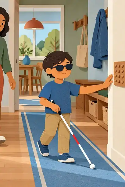 Blind child using a white cane to follow a clear route through an organised home while a caregiver stays nearby