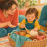 Young blind child exploring a textured basket of everyday objects while two caregivers follow the child’s lead