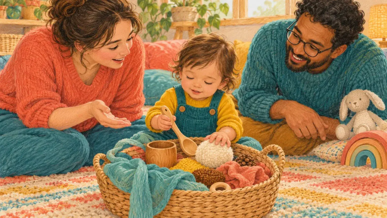Young blind child exploring a textured basket of everyday objects while two caregivers follow the child’s lead