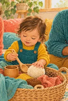 Young blind child exploring a textured basket of everyday objects while two caregivers follow the child’s lead