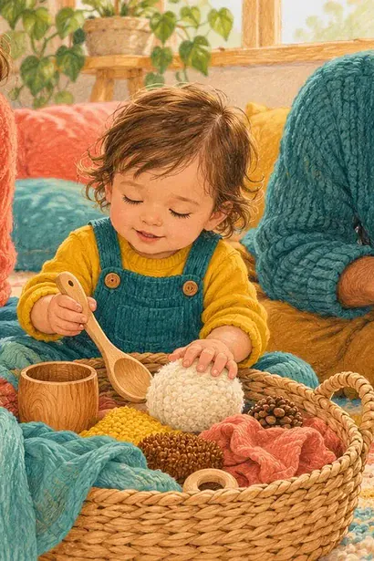 Young blind child exploring a textured basket of everyday objects while two caregivers follow the child’s lead