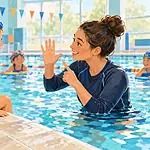 Deaf child at an inclusive swimming lesson watching a coach demonstrate a clear hand signal beside the pool
