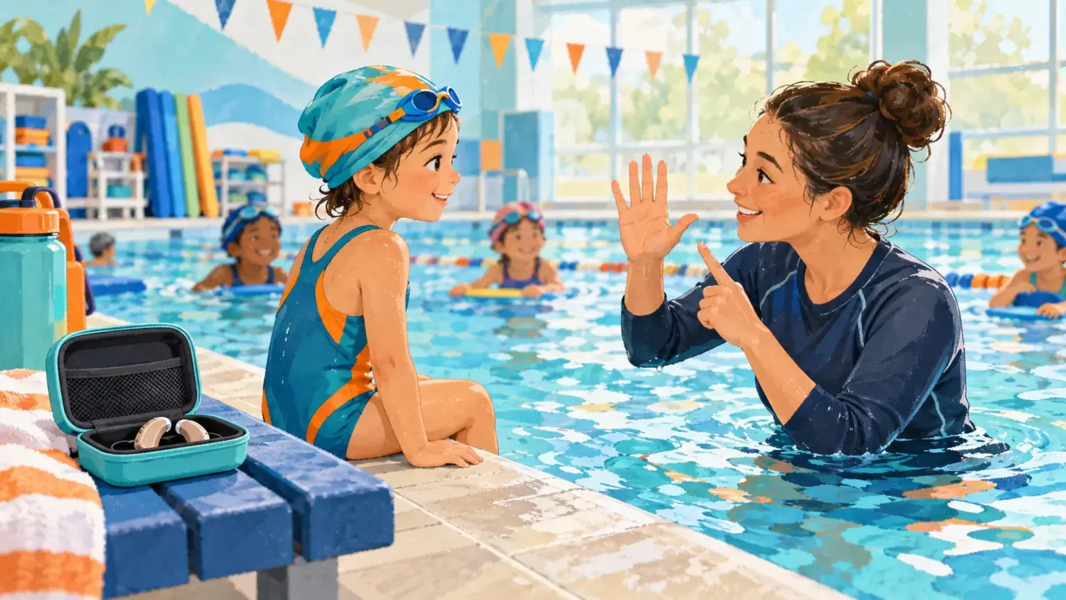 Deaf child at an inclusive swimming lesson watching a coach demonstrate a clear hand signal beside the pool