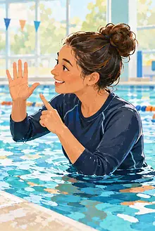 Deaf child at an inclusive swimming lesson watching a coach demonstrate a clear hand signal beside the pool