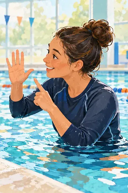 Deaf child at an inclusive swimming lesson watching a coach demonstrate a clear hand signal beside the pool