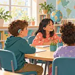 Child with a hearing aid seated in a classroom discussion circle with clear views of the teacher and peers