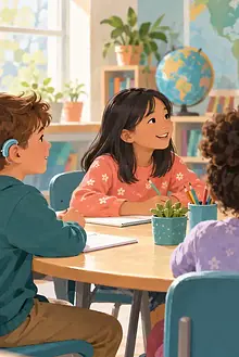 Child with a hearing aid seated in a classroom discussion circle with clear views of the teacher and peers