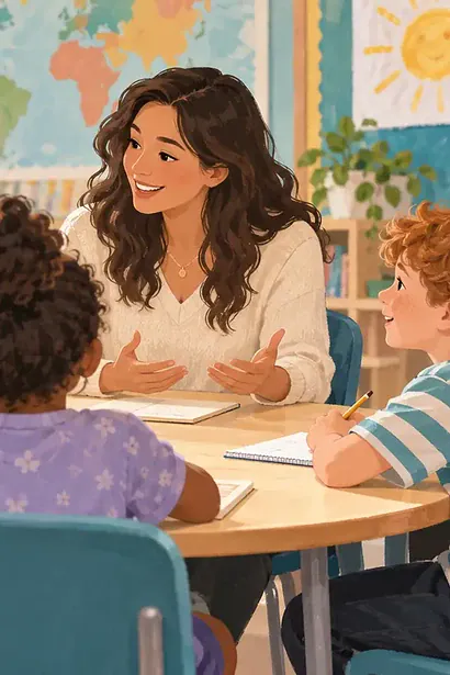 Child with a hearing aid seated in a classroom discussion circle with clear views of the teacher and peers