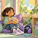 Hard-of-hearing child taking a calm break in a sunny quiet corner beside a classroom