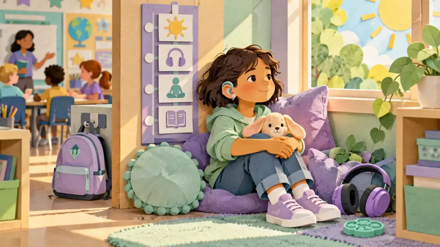 Hard-of-hearing child taking a calm break in a sunny quiet corner beside a classroom