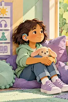 Hard-of-hearing child taking a calm break in a sunny quiet corner beside a classroom
