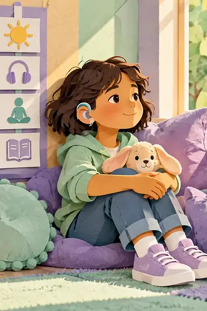 Hard-of-hearing child taking a calm break in a sunny quiet corner beside a classroom