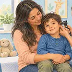 Caregiver comforting a young child while a clinician gently examines the child's ear