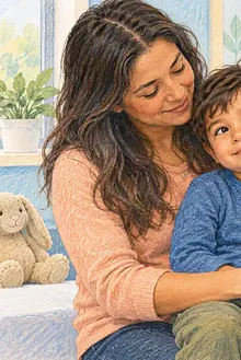 Caregiver comforting a young child while a clinician gently examines the child's ear