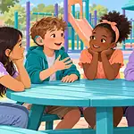Deaf child with a hearing aid chatting directly with a diverse group of friends around a playground table