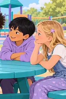 Deaf child with a hearing aid chatting directly with a diverse group of friends around a playground table