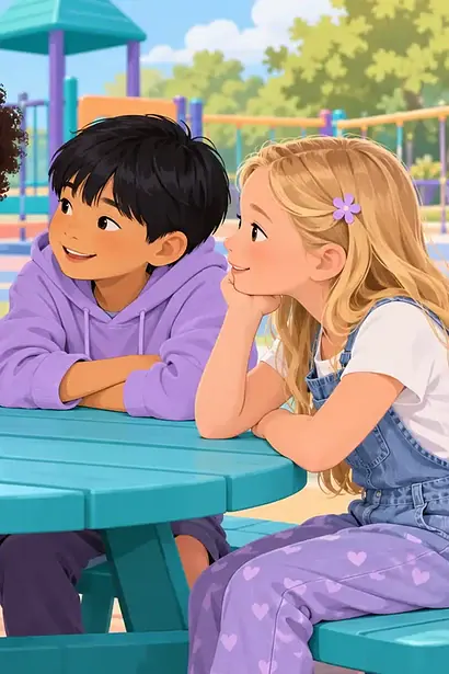 Deaf child with a hearing aid chatting directly with a diverse group of friends around a playground table