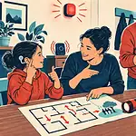 Deaf child and family practising a home emergency plan with a flashing alarm, vibrating alert and packed bag