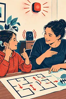 Deaf child and family practising a home emergency plan with a flashing alarm, vibrating alert and packed bag