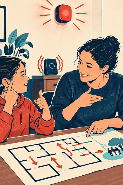Deaf child and family practising a home emergency plan with a flashing alarm, vibrating alert and packed bag