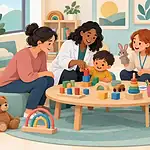 Child and caregiver meeting a multidisciplinary developmental team around a play table