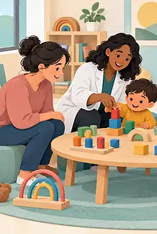 Child and caregiver meeting a multidisciplinary developmental team around a play table