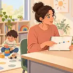 Parent discussing a child development timeline with a clinician while the child plays nearby