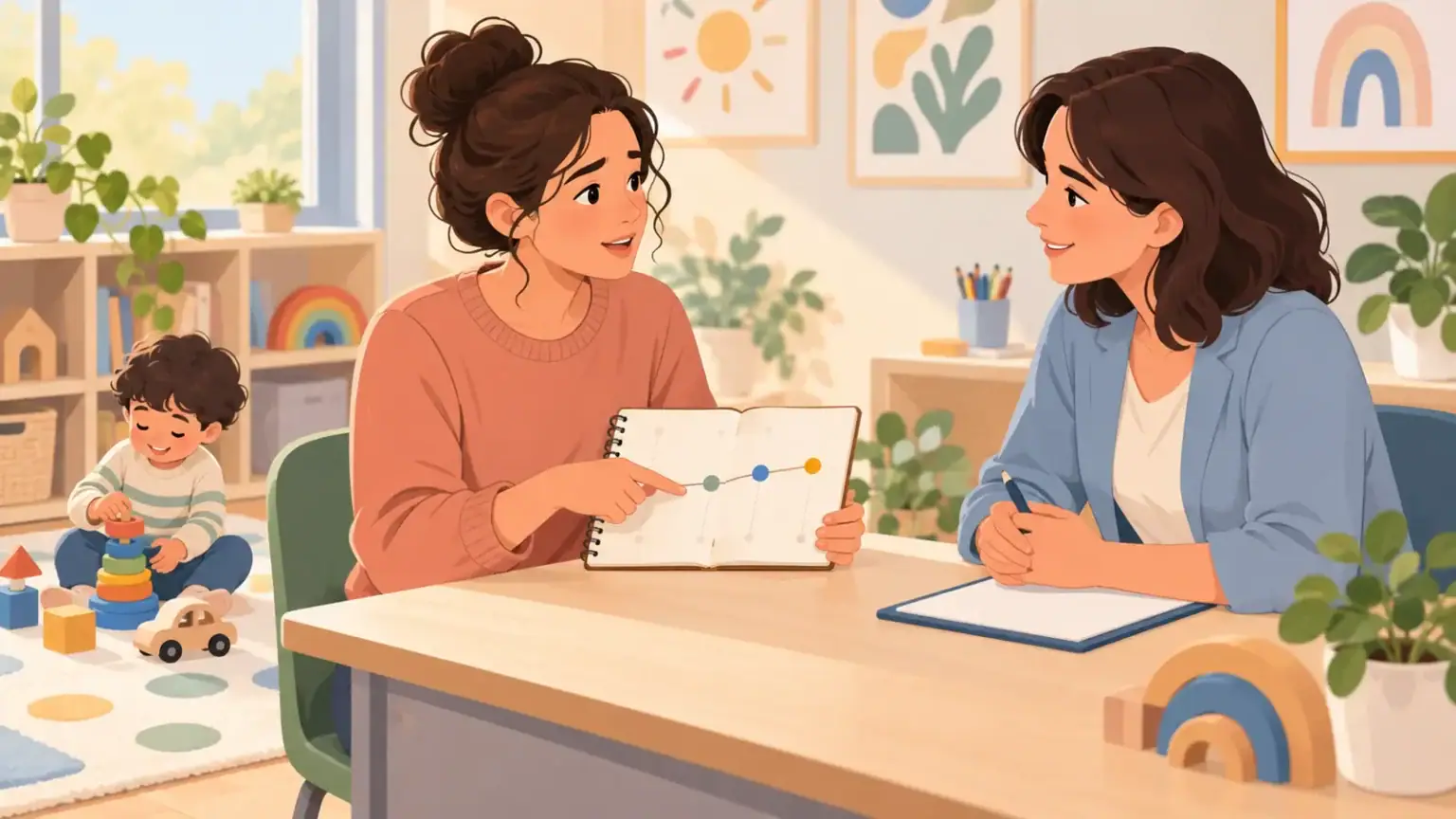 Parent discussing a child development timeline with a clinician while the child plays nearby