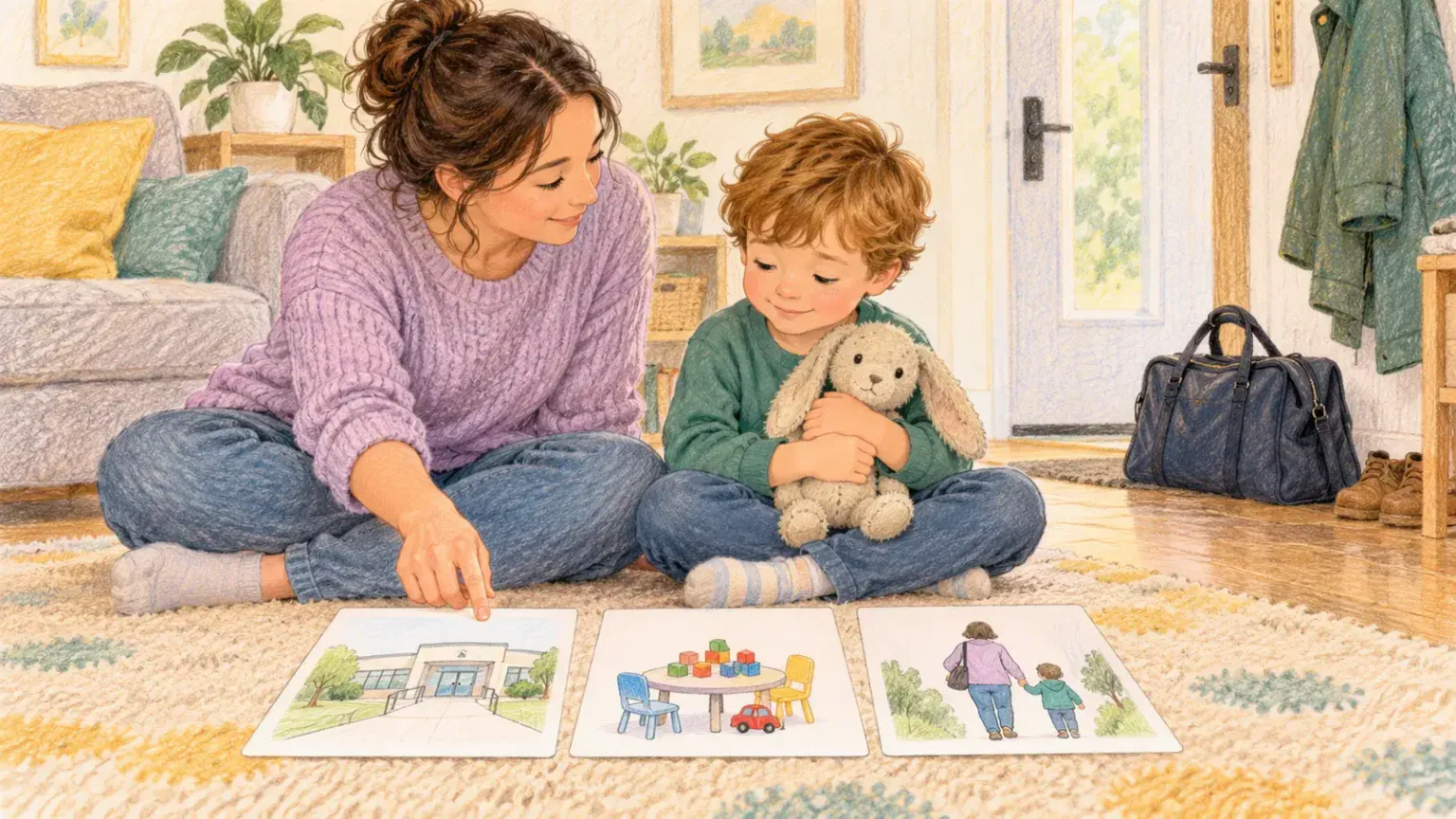 Parent preparing a child for an assessment with picture cards and a favourite soft toy