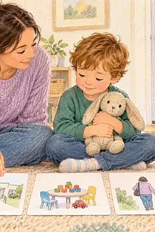 Parent preparing a child for an assessment with picture cards and a favourite soft toy