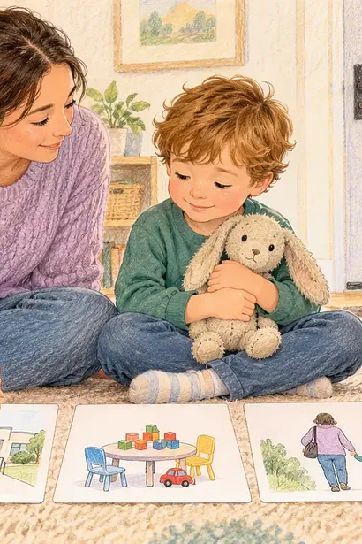 Parent preparing a child for an assessment with picture cards and a favourite soft toy