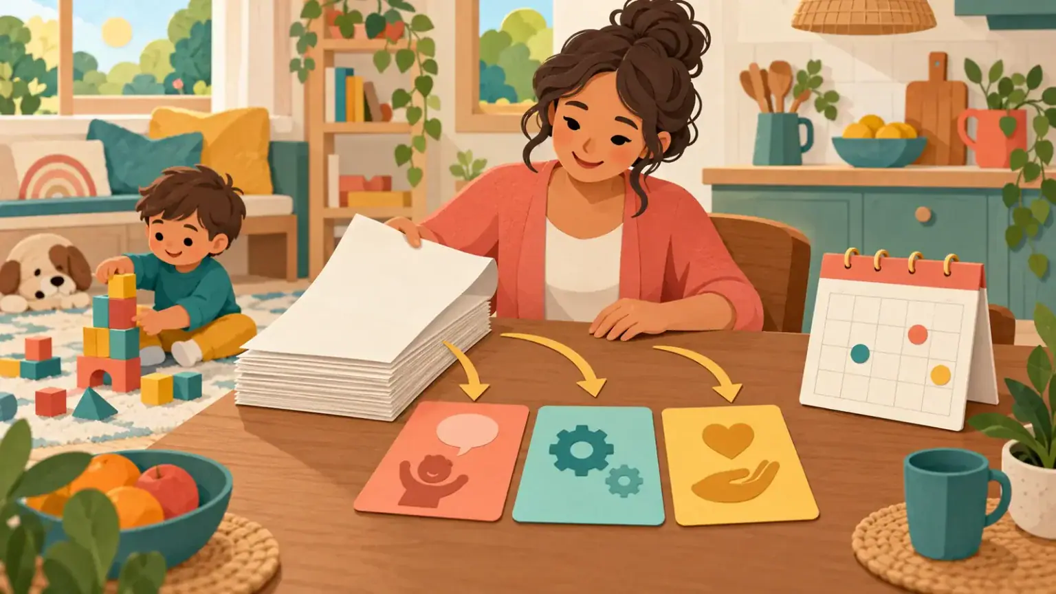 Caregiver sorting a developmental assessment report into three practical priorities at home