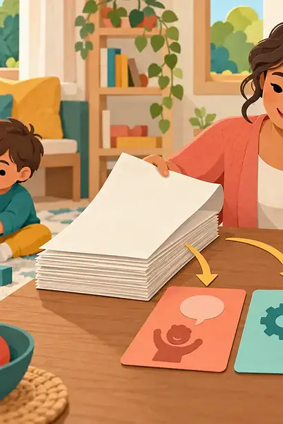 Caregiver sorting a developmental assessment report into three practical priorities at home
