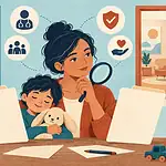 Caregiver thoughtfully comparing two developmental assessment options with blank folders