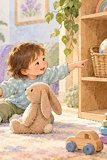 Parent warmly observing a toddler’s communication and play patterns during everyday play