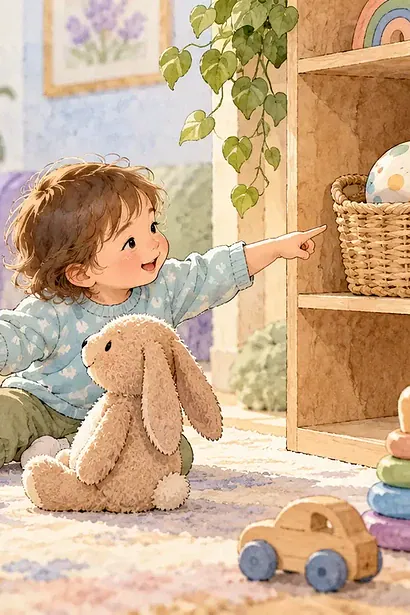 Parent warmly observing a toddler’s communication and play patterns during everyday play