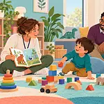 Child playing and communicating with clinicians during a respectful autism assessment while caregivers observe