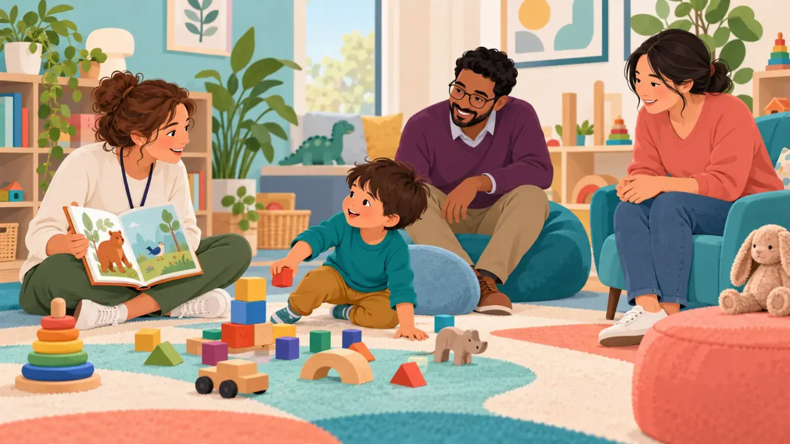 Child playing and communicating with clinicians during a respectful autism assessment while caregivers observe