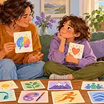 Caregiver and school-age child having a warm conversation about different brains using picture cards