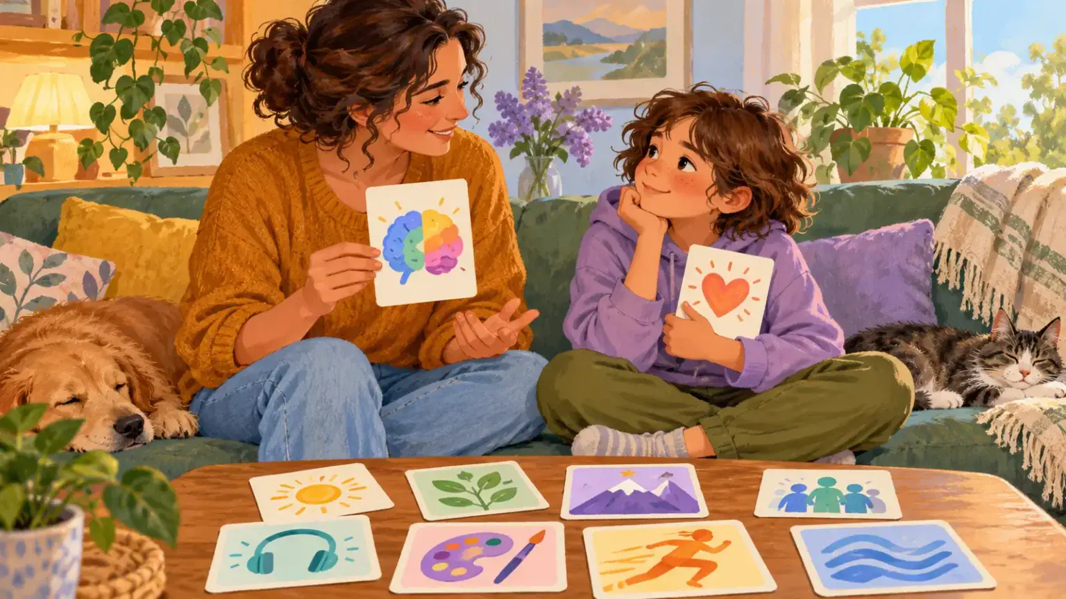 Caregiver and school-age child having a warm conversation about different brains using picture cards