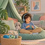 Autistic child using headphones and a fidget in a softly lit quiet corner while a caregiver adjusts the room