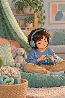 Autistic child using headphones and a fidget in a softly lit quiet corner while a caregiver adjusts the room
