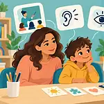 Child, caregiver and clinician discussing strengths and needs during an ADHD assessment