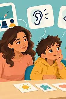 Child, caregiver and clinician discussing strengths and needs during an ADHD assessment