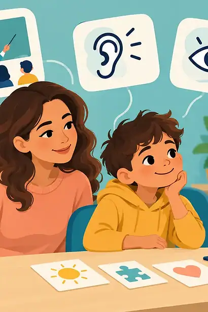 Child, caregiver and clinician discussing strengths and needs during an ADHD assessment
