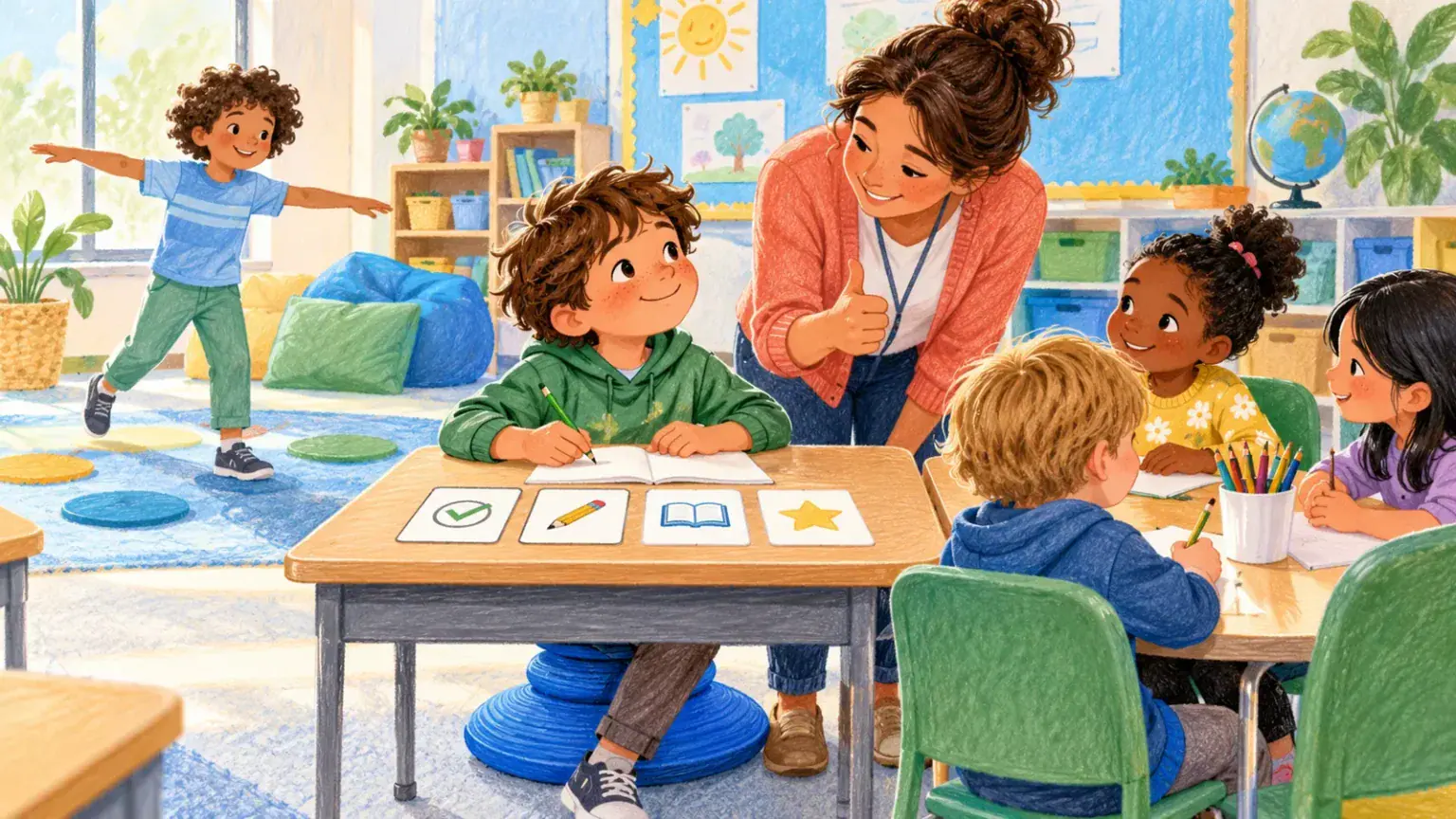 Inclusive classroom where a pupil uses a visual task card, movement seat and supportive teacher check-in