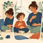 Caregiver calmly co-regulating with a child through frustration and reconnecting afterward
