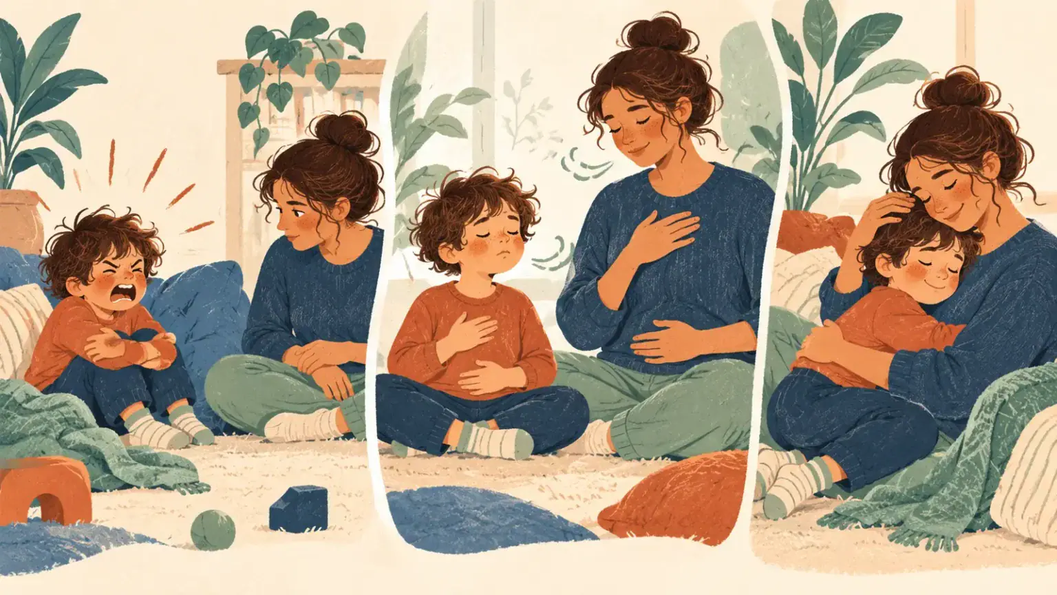 Caregiver calmly co-regulating with a child through frustration and reconnecting afterward